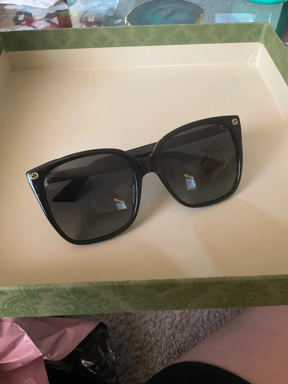 GUCCI GG0022S Women's Cateye Sunglasses Black Gold Logo/Grey Smoke Gradient 57mm